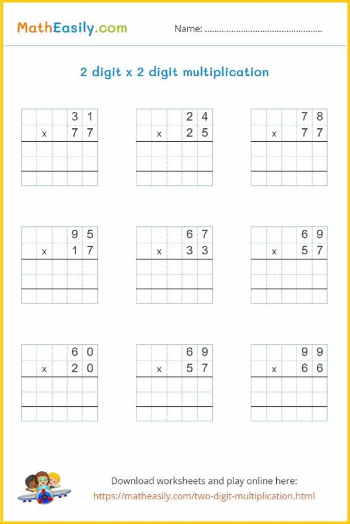 Printable multiplication worksheet for 3rd graders with two-digit problems