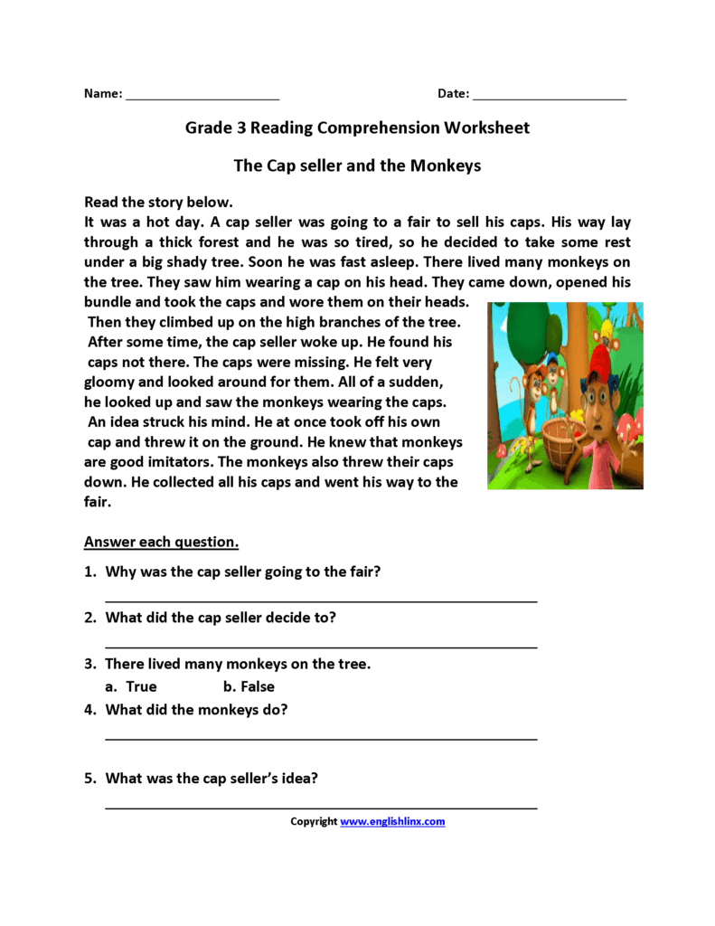 Free printable 3rd Grade Reading Worksheets Free featuring a cap seller and monkeys story