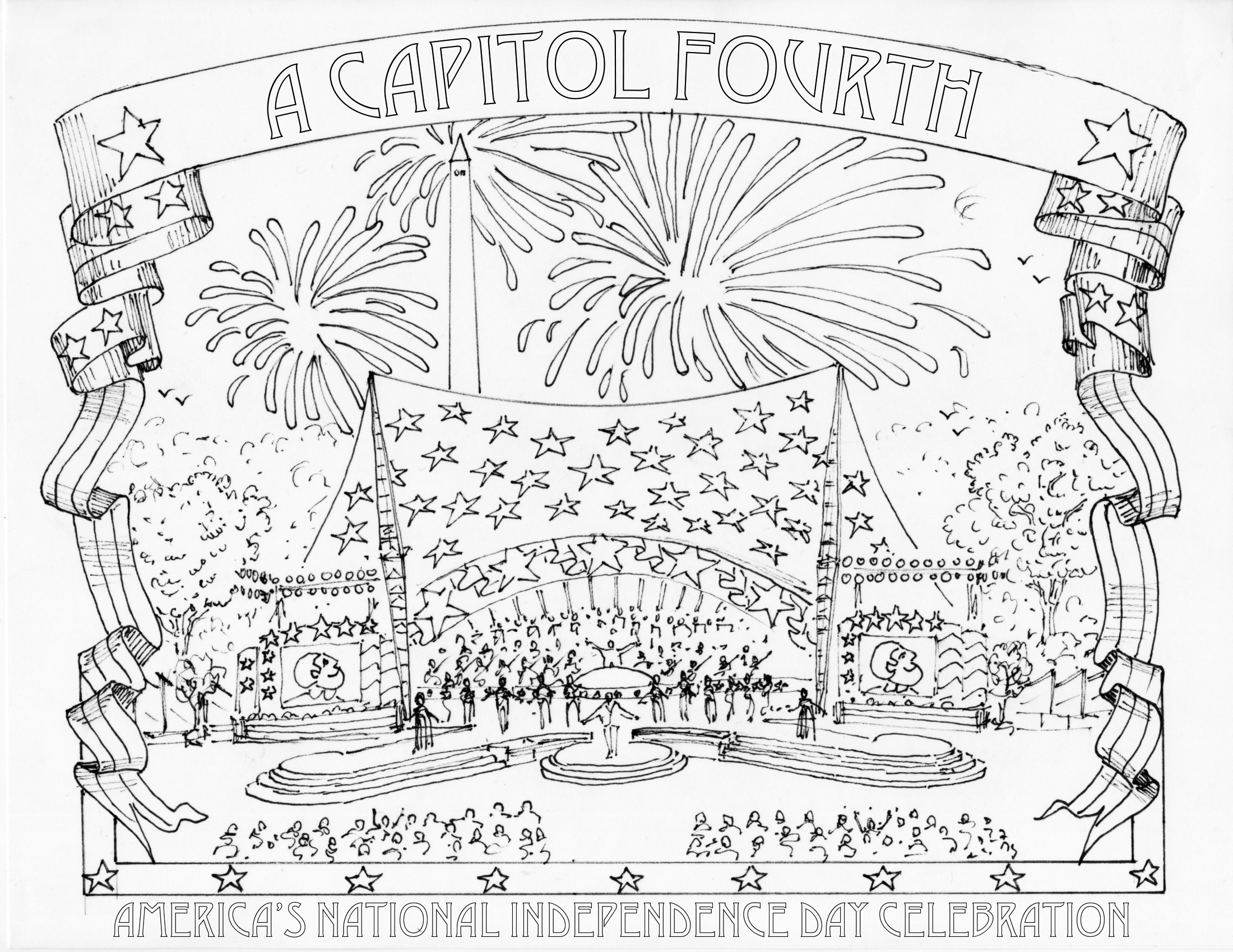 Coloring page featuring Capitol Fourth celebration with fireworks for 4 Of July Coloring Pages