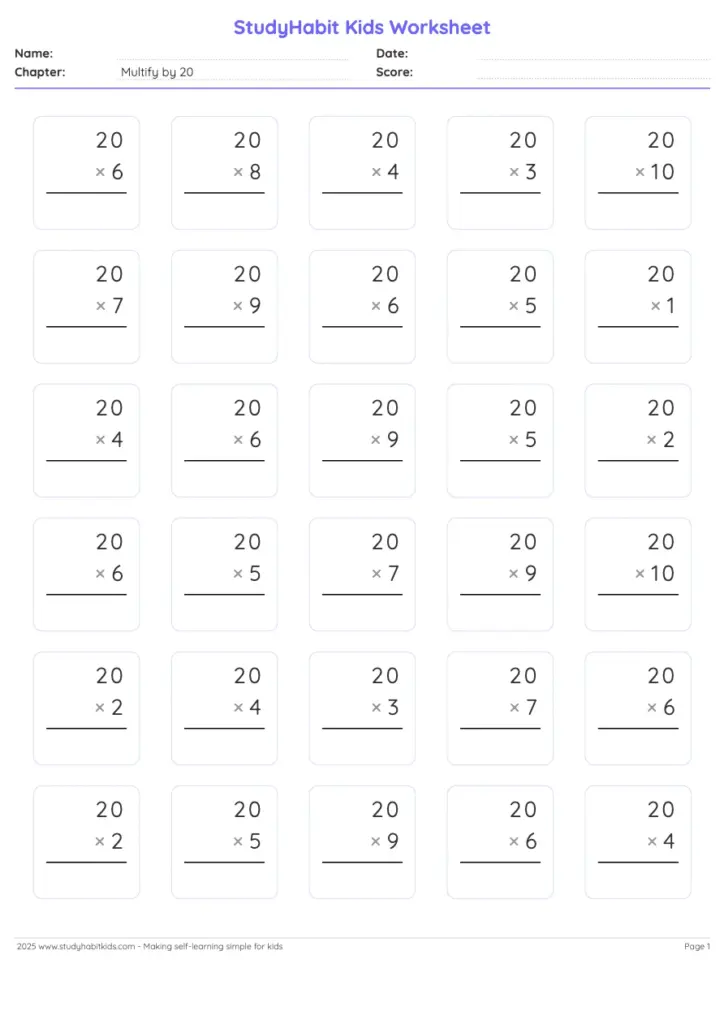 4th Grade Free Printable Worksheets – Multiply by 20 4th Grade Free Printable Worksheets featuring multiplication problems by 20 for practice