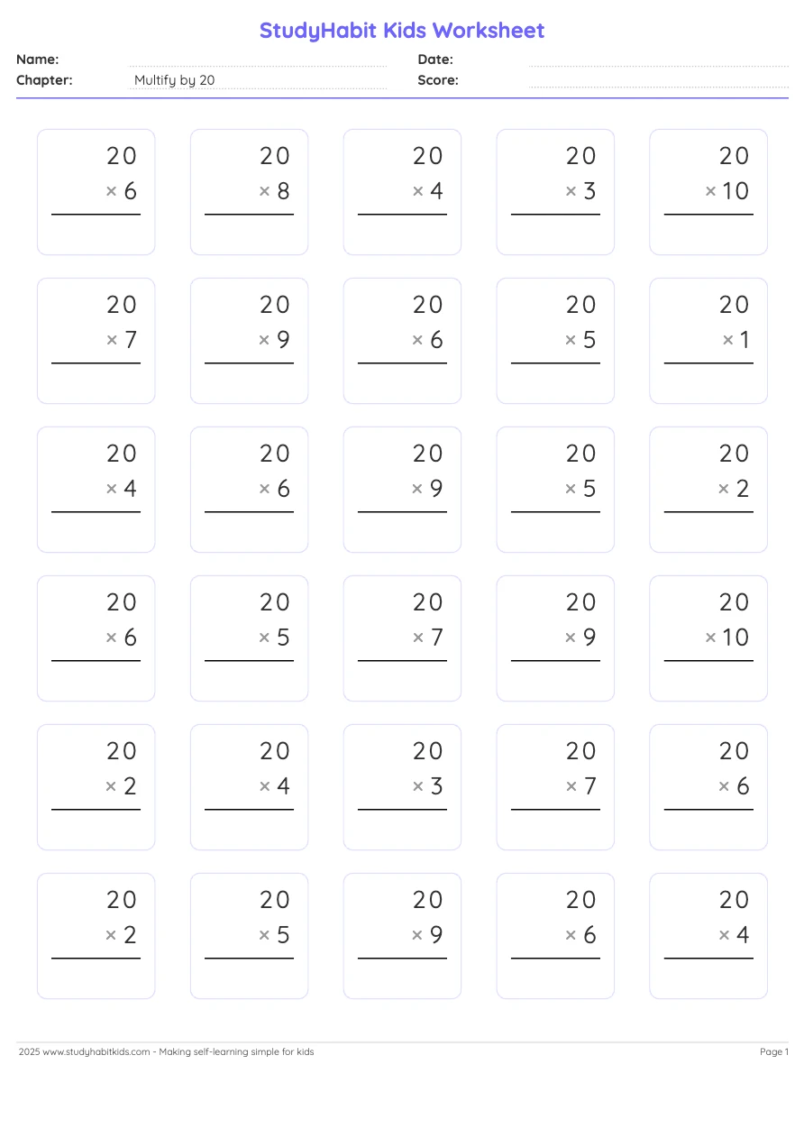 4th Grade Free Printable Worksheets featuring multiplication problems by 20 for practice
