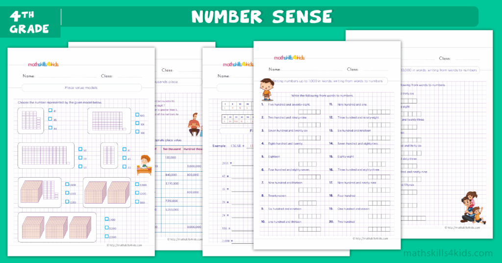 Engaging 4th Grade Math Practice Worksheets featuring number sense activities and answer keys