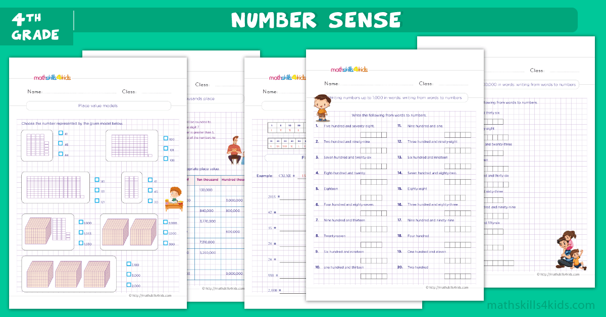 Engaging 4th Grade Math Practice Worksheets featuring number sense activities and answer keys
