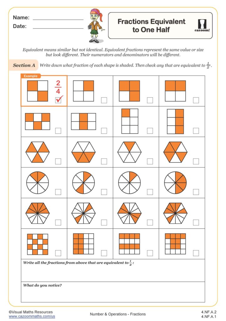 Printable 4th grade math worksheet on fractions equivalent to one half with shaded shapes