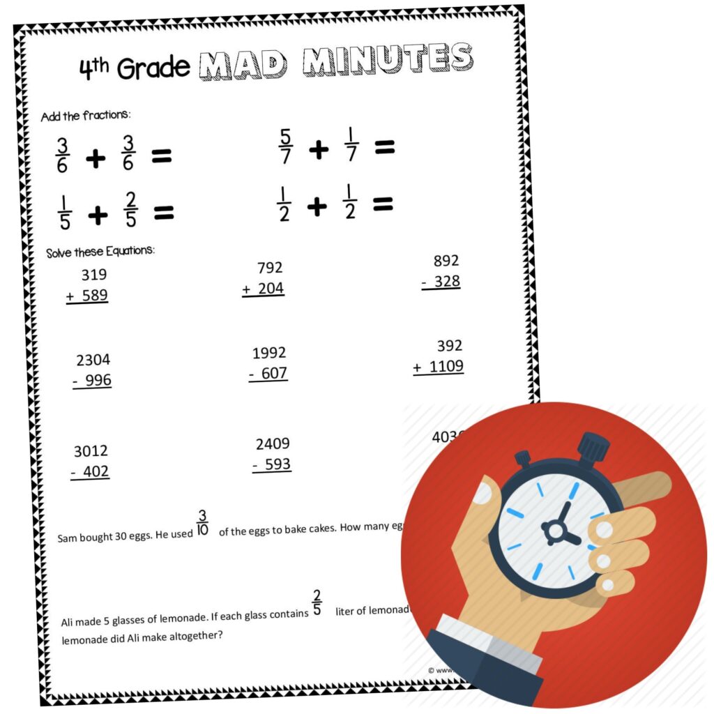Engaging 4th grade math worksheet with Mad Minutes for quick addition and fraction problems