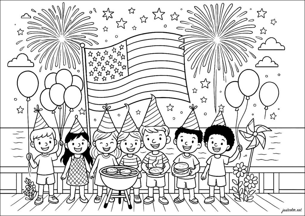 Coloring page featuring kids celebrating with balloons, a flag, and fireworks for 4th Of July Printable Pictures