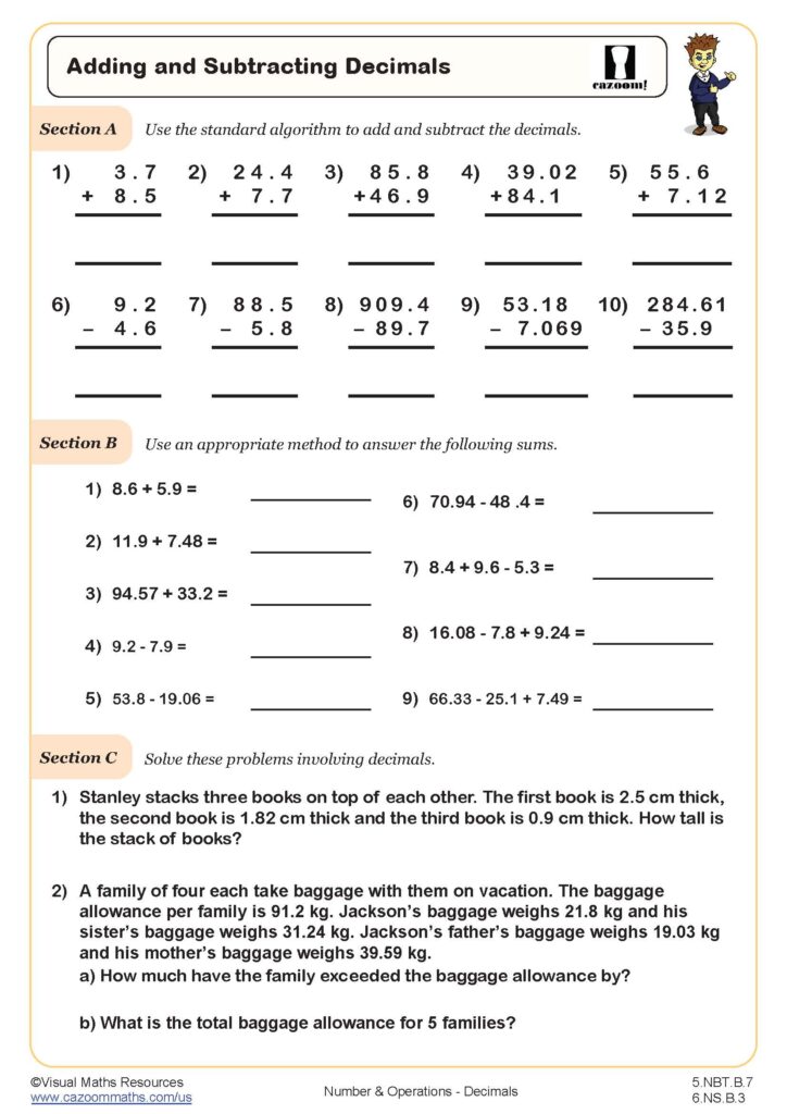 5th Grade Math Worksheets – Adding and Subtracting Decimals Free printable worksheet for 5th graders on adding and subtracting decimals