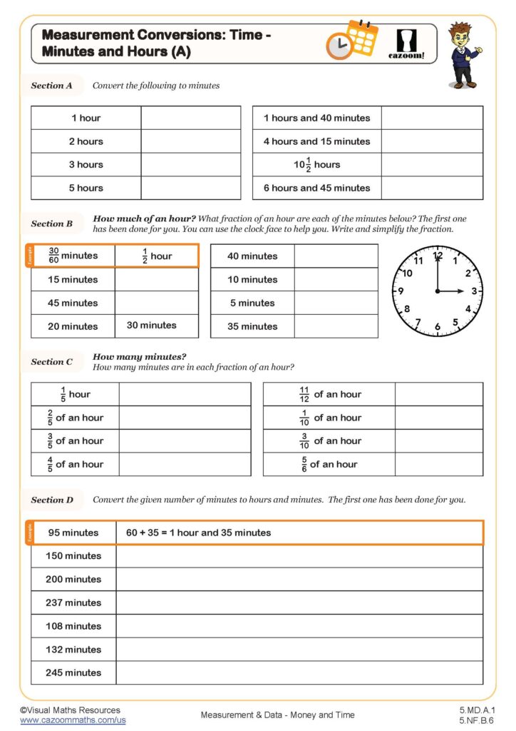 5th Grade Math Worksheets – Free Printable for Measurement Conversions 5th grade math worksheet focusing on measurement conversions and time