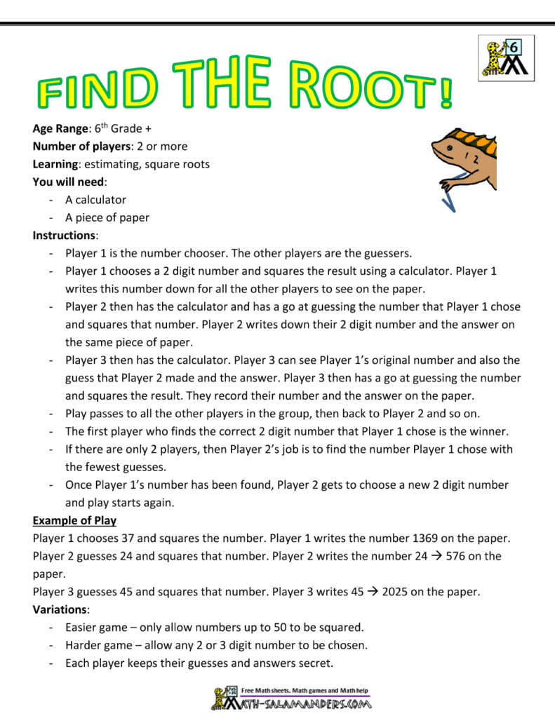 6th Grade Math Games – Find the Root Interactive Find the Root game for 6th graders to learn square roots