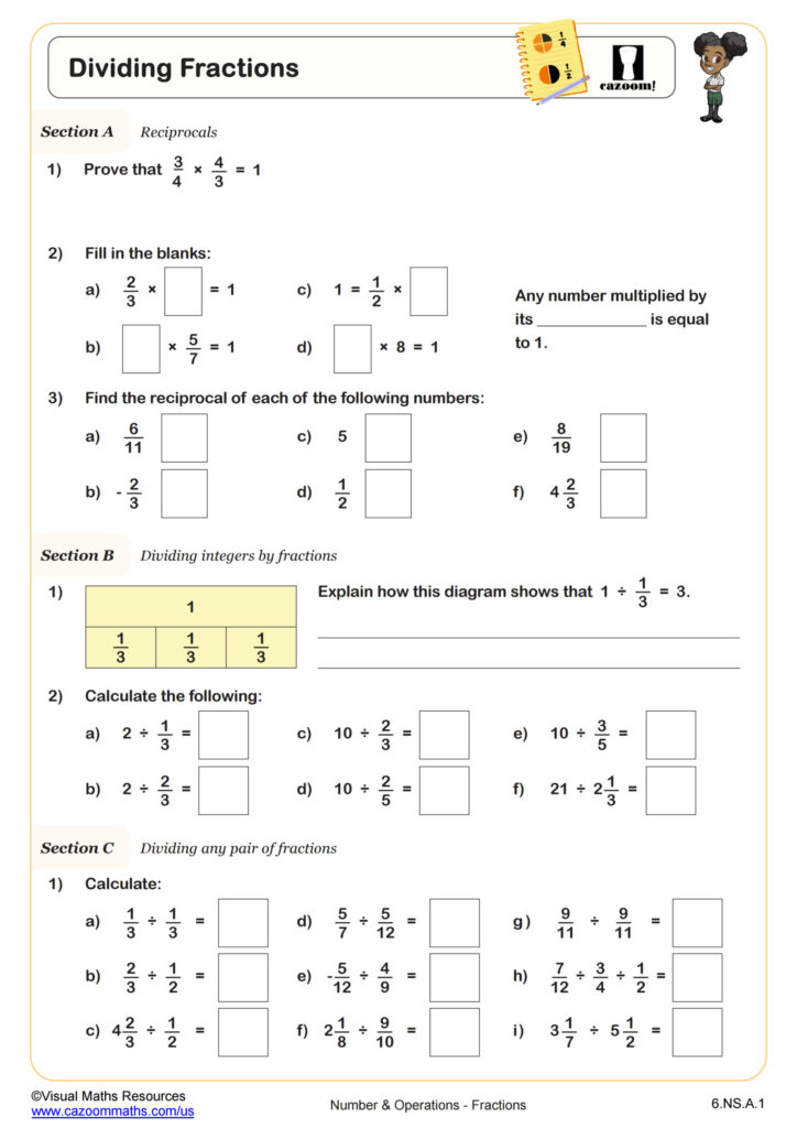 Dividing Fractions Worksheet for 6th Graders Printable worksheet for 6th graders on dividing fractions with exercises and explanations