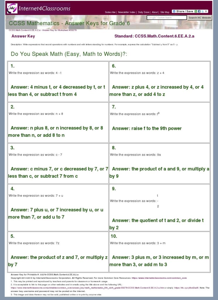 6th Grade Math Worksheets With Answers