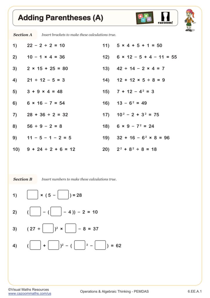 6th grade PEMDAS worksheets with problems on order of operations