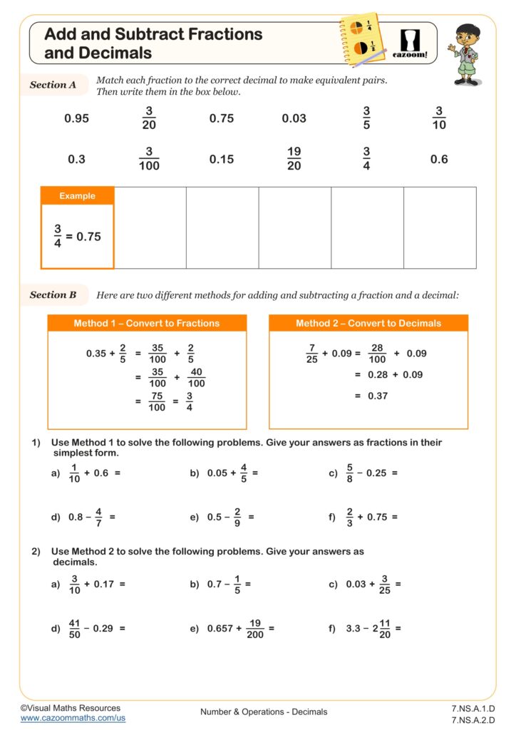 Free printable worksheet for 7th graders on adding and subtracting fractions and decimals