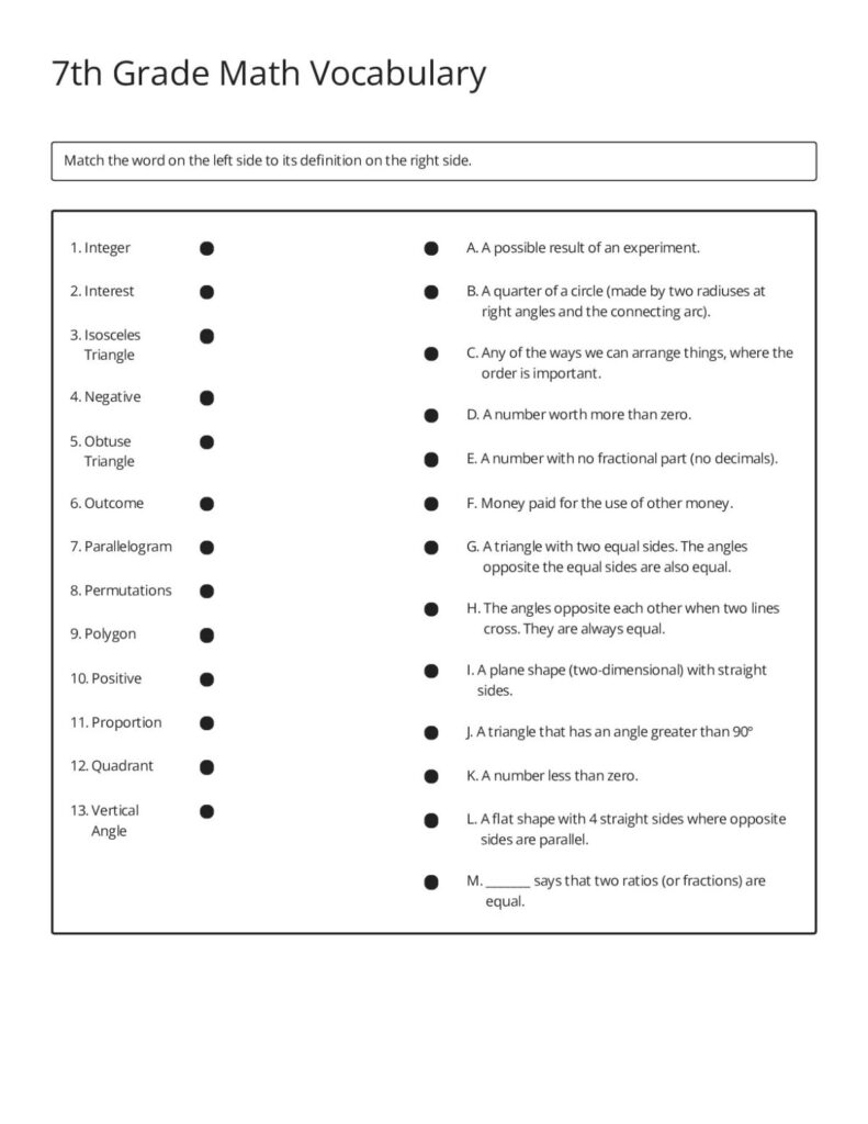 7th Grade Math Vocabulary matching worksheet with definitions and terms