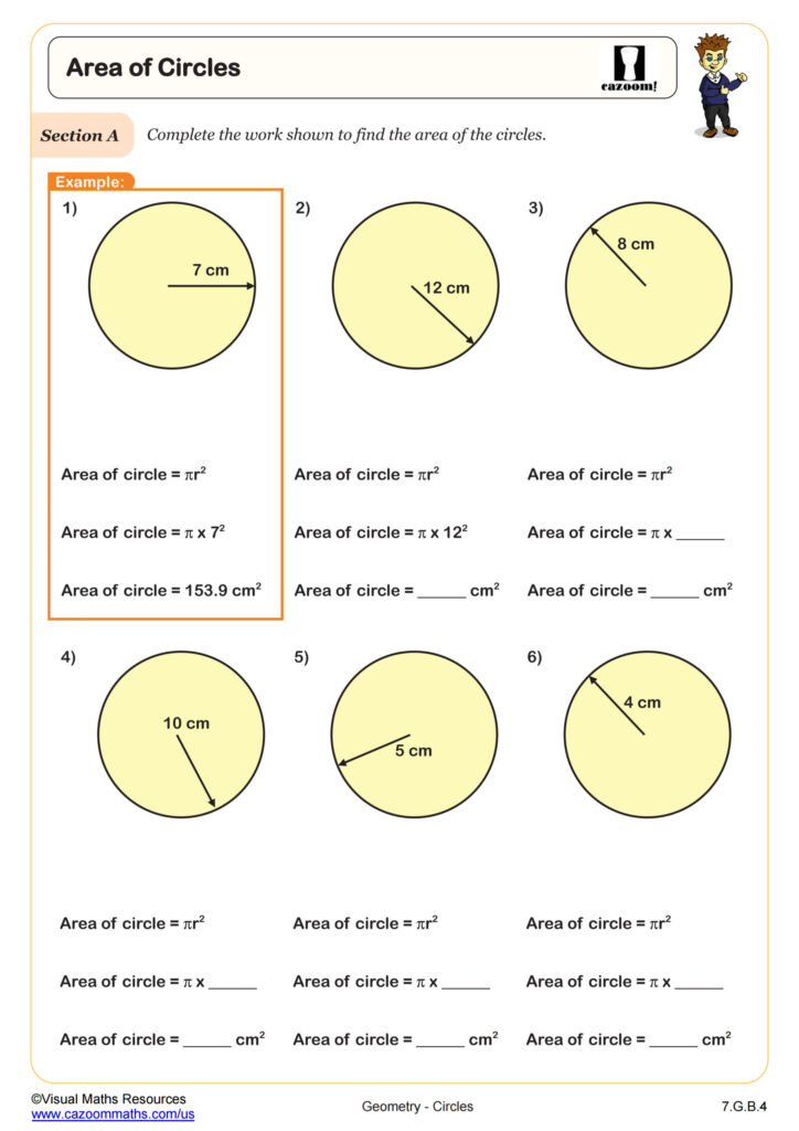 Worksheet for calculating the area of circles for 7th graders
