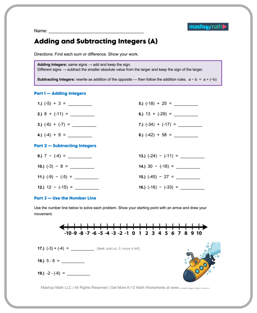 Free printable 7th Grade Math Worksheets Free featuring adding and subtracting integers exercises