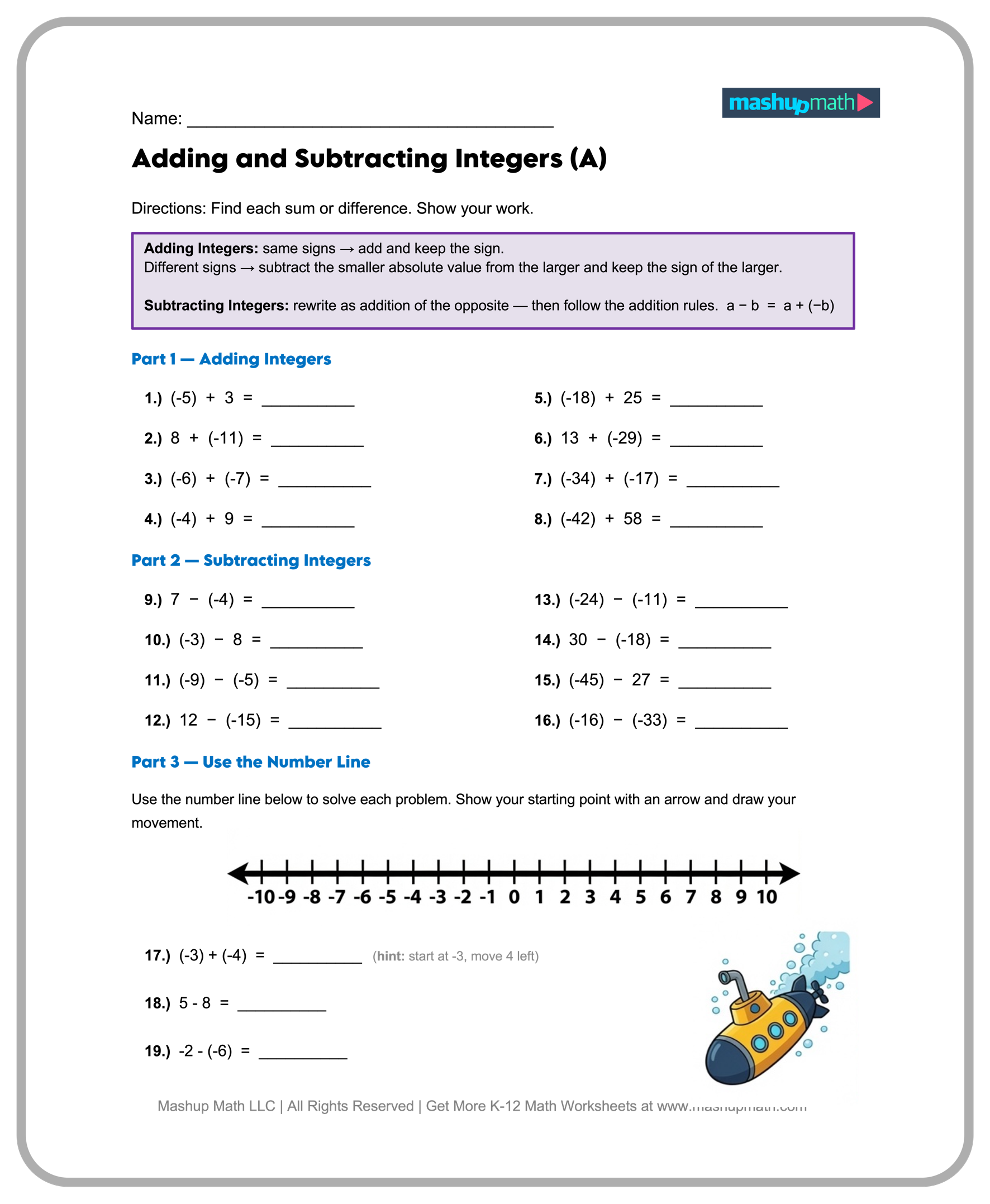 Free printable 7th Grade Math Worksheets Free featuring adding and subtracting integers exercises