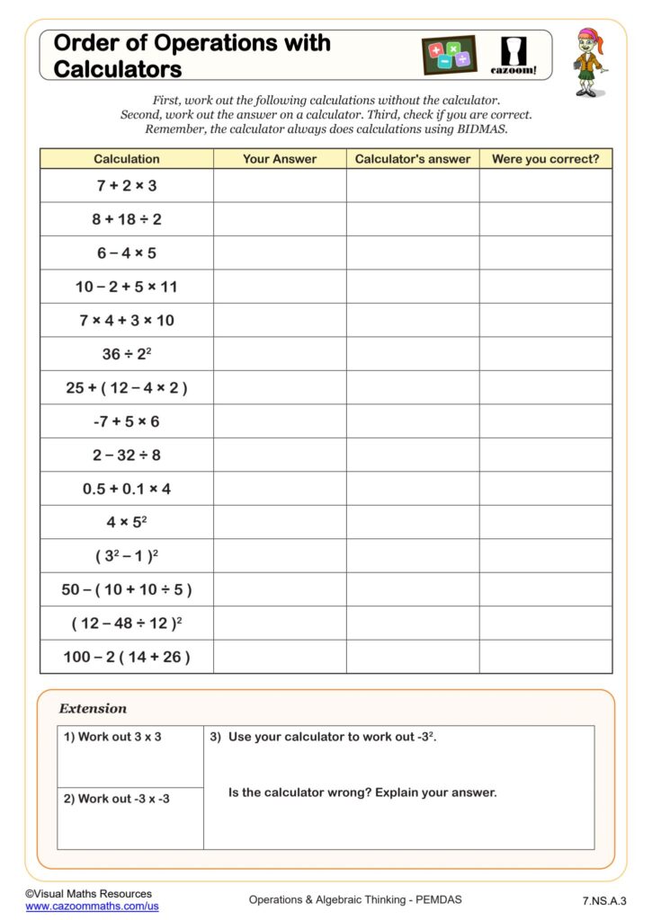 Printable PEMDAS worksheets for 7th graders to practice order of operations