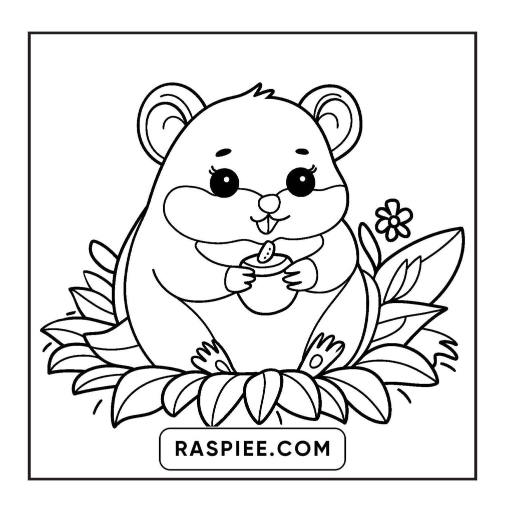 Printable coloring page of a cute hamster enjoying a snack among leaves