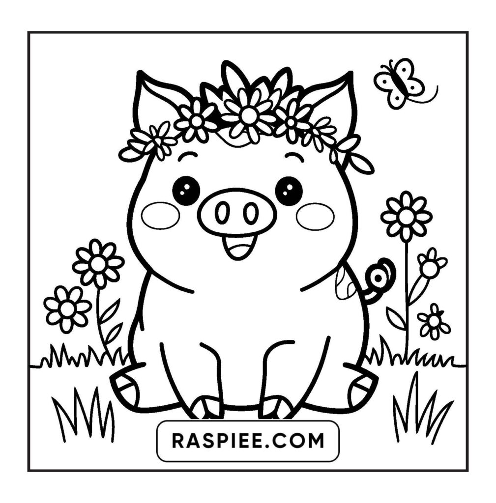 Printable coloring page of a happy pig surrounded by flowers and a butterfly