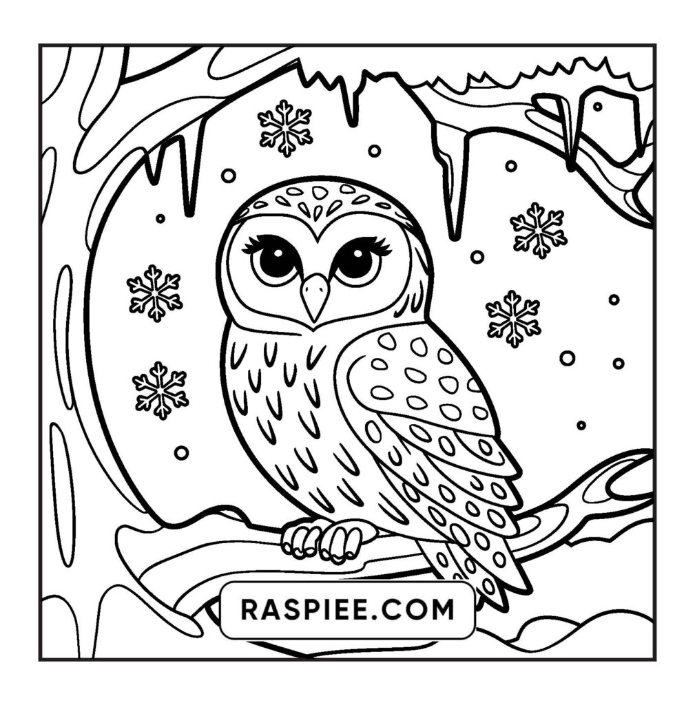 Cozy Animal Coloring Page Featuring an Owl Cozy animal coloring page of an owl sitting on a branch in winter