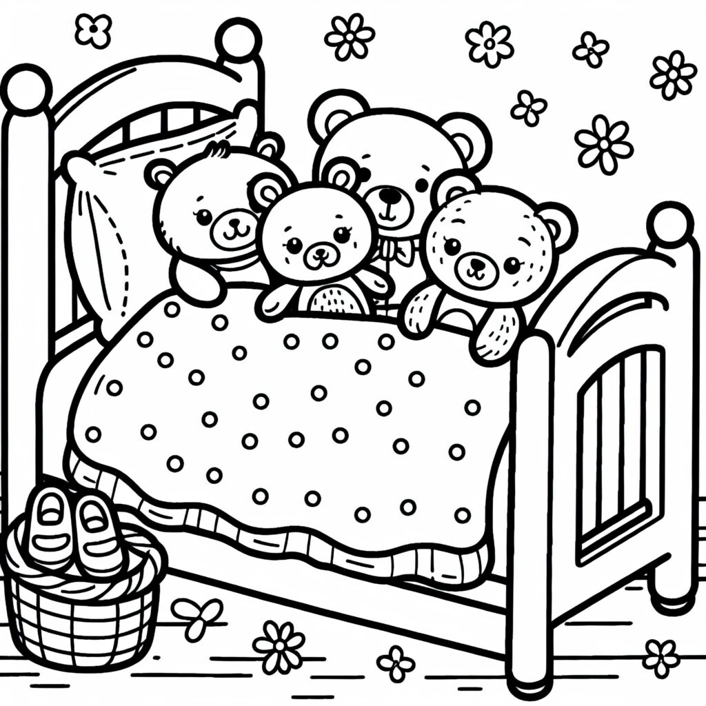 Cute Stuffed Animals in Bed Coloring Page for Kids Coloring page of cute stuffed animals snuggled in bed