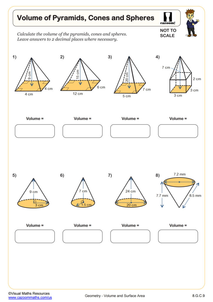 Worksheet for calculating the volume of pyramids, cones, and spheres for 8th graders