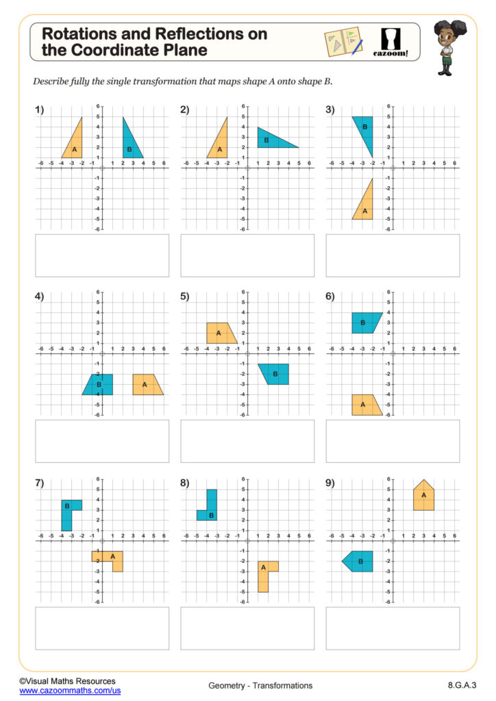 Printable worksheet on rotations and reflections in the coordinate plane for 8th graders
