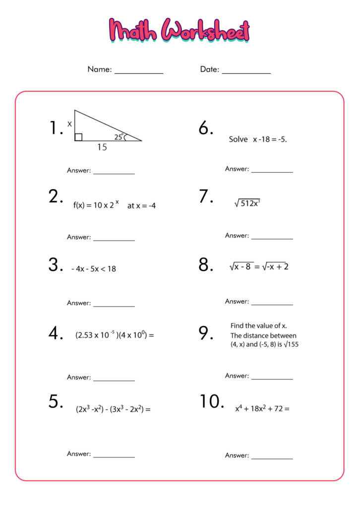 9th Grademath Packet Printable - One For All