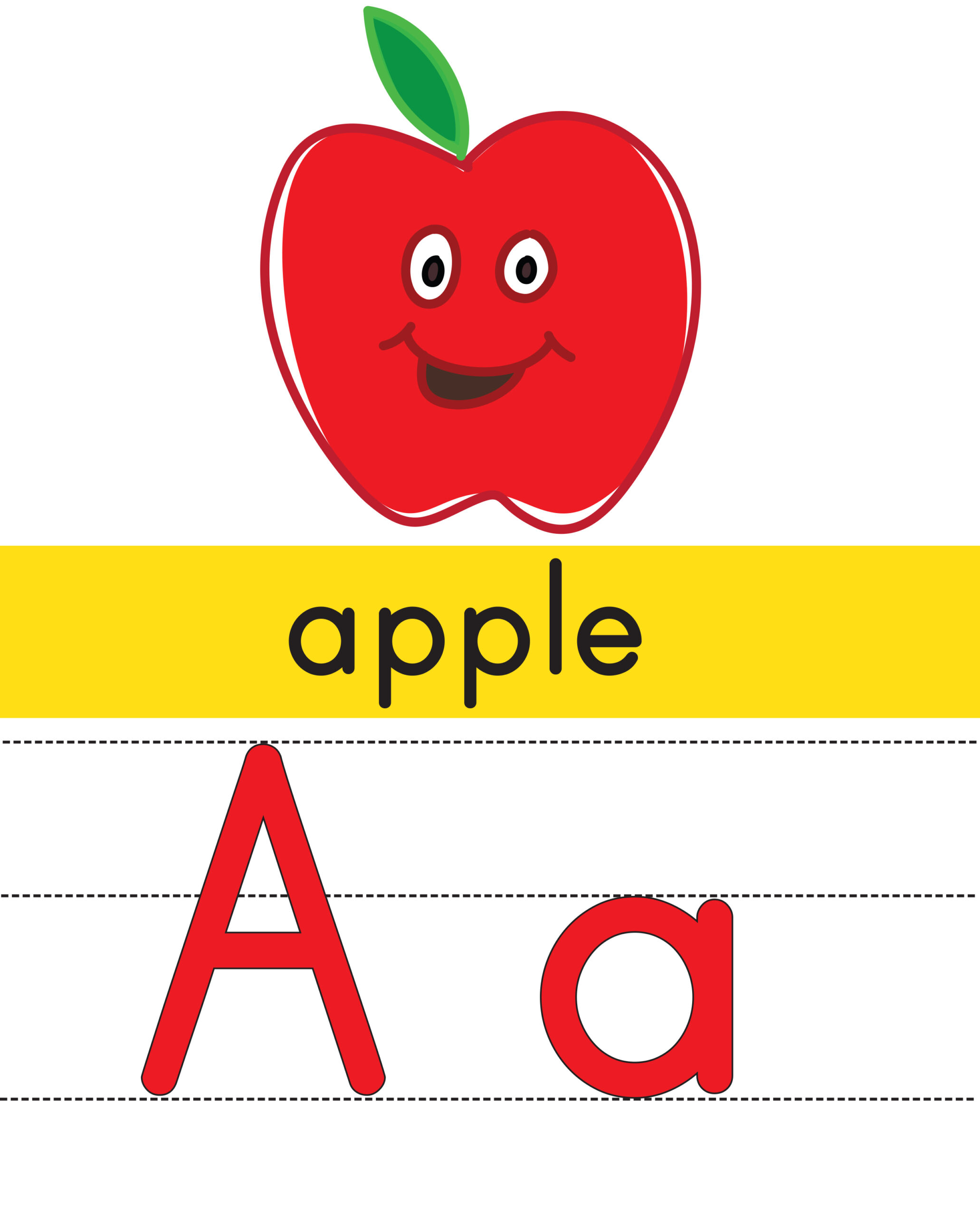 A For Apple Chart Printable featuring a smiling apple and the letters A and a for educational purposes