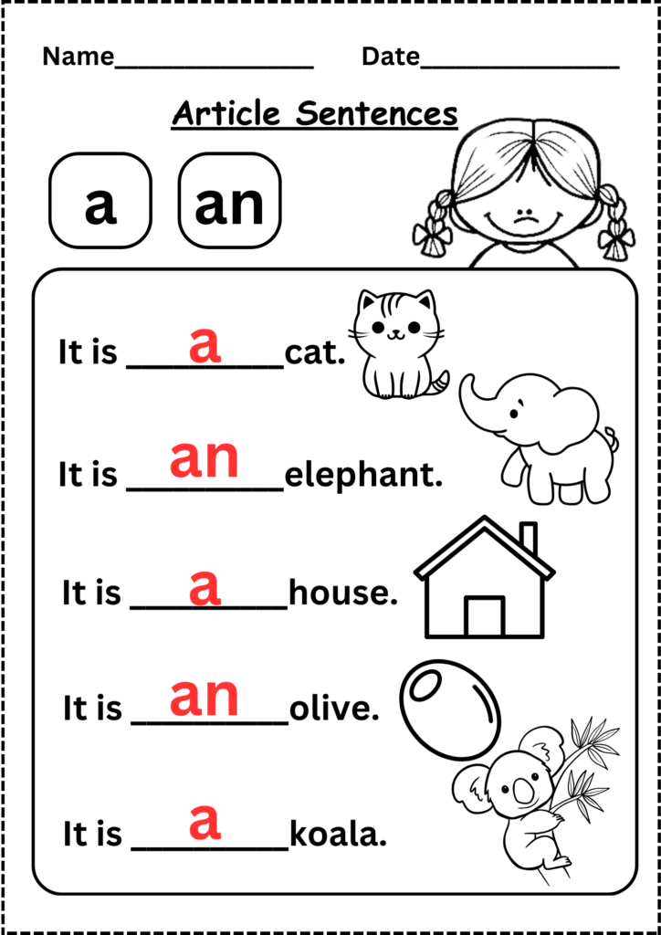 Printable A or An worksheet for preschoolers with sentences and illustrations