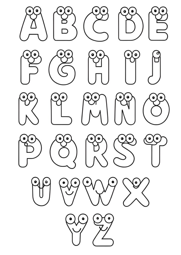 Fun and engaging Abc Coloring Pages For Kindergarten featuring cartoonish letters with eyes