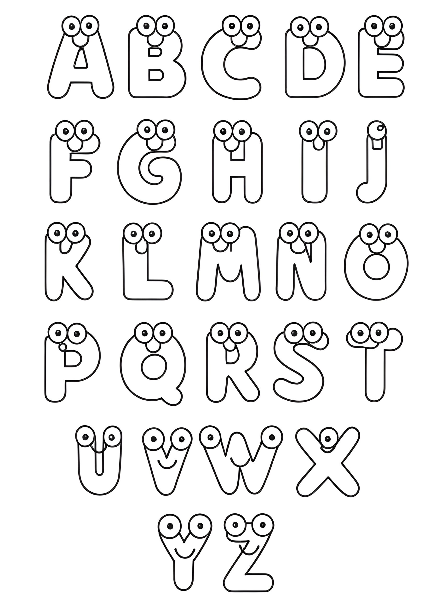 Fun and engaging Abc Coloring Pages For Kindergarten featuring cartoonish letters with eyes