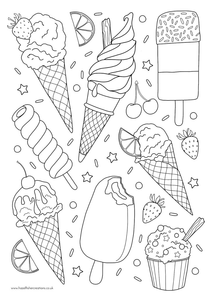 Fun Activity Pages For 8 Year Olds Featuring Ice Cream Coloring Coloring page with various ice cream cones and treats for Activity Pages For 8 Year Olds