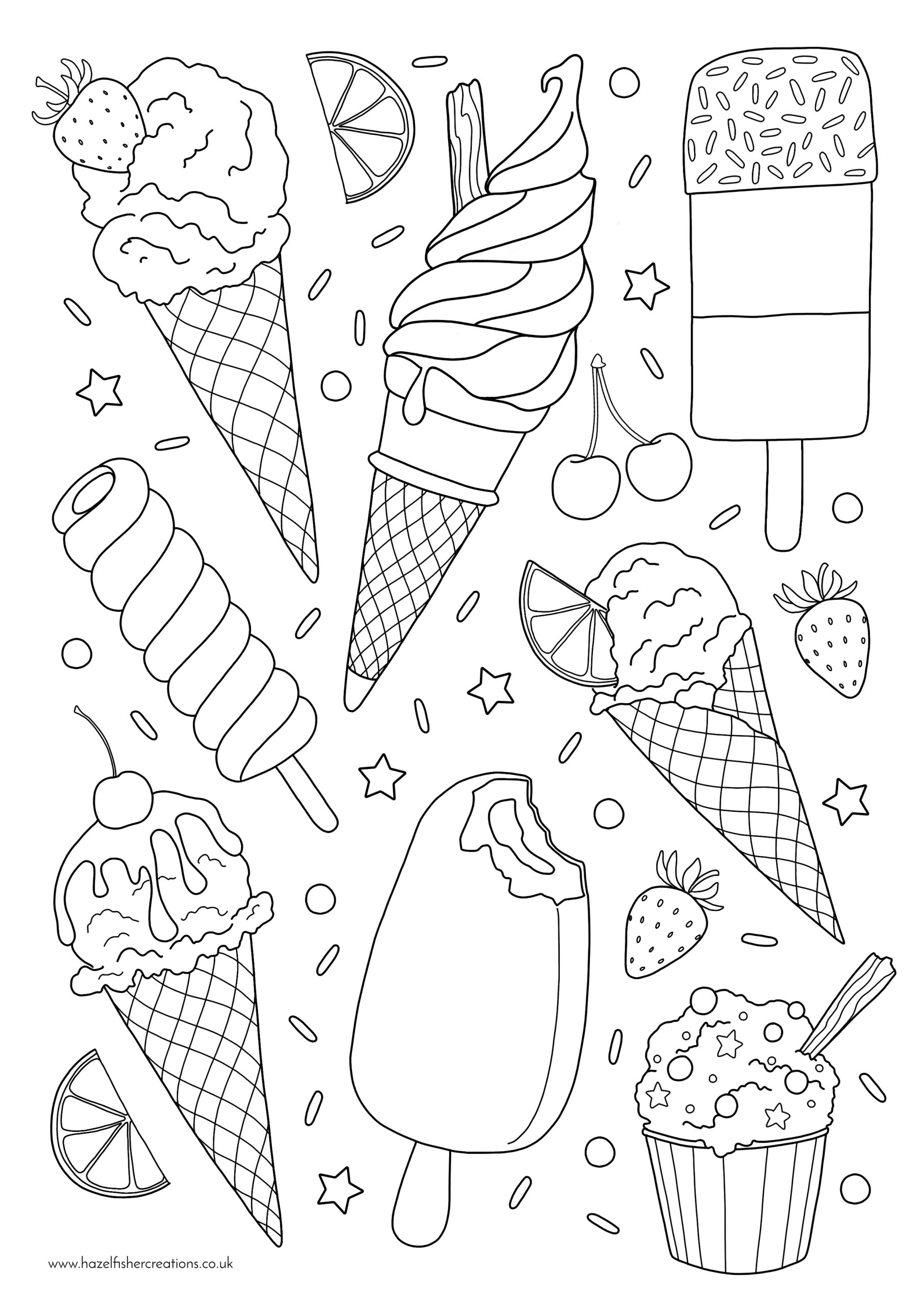 Coloring page with various ice cream cones and treats for Activity Pages For 8 Year Olds