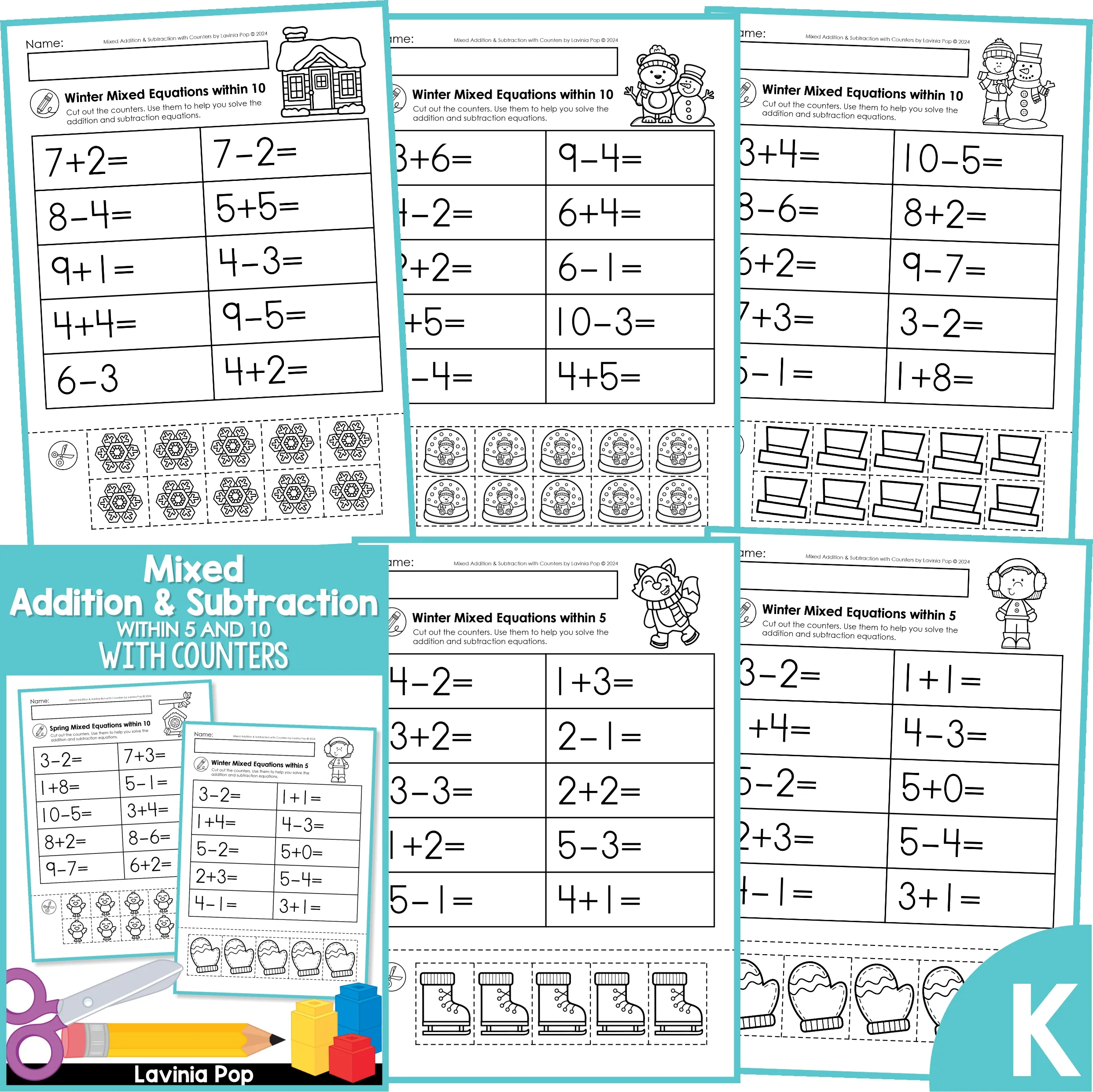 Adding And Subtracting Worksheets For Kindergarten - Mixed addition and subtraction worksheets for kindergarten featuring cou