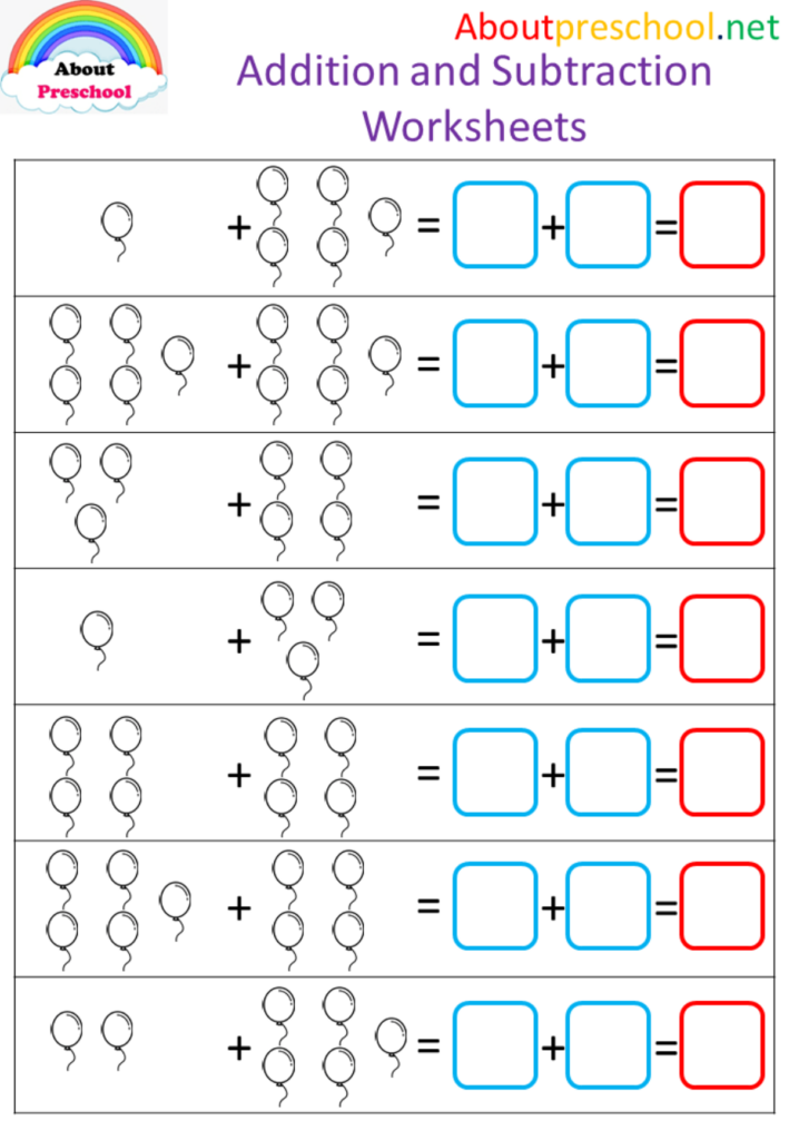 Free Addition And Subtraction Worksheets For Kindergarten Engaging Addition And Subtraction Worksheets For Kindergarten featuring balloons and colorful boxes