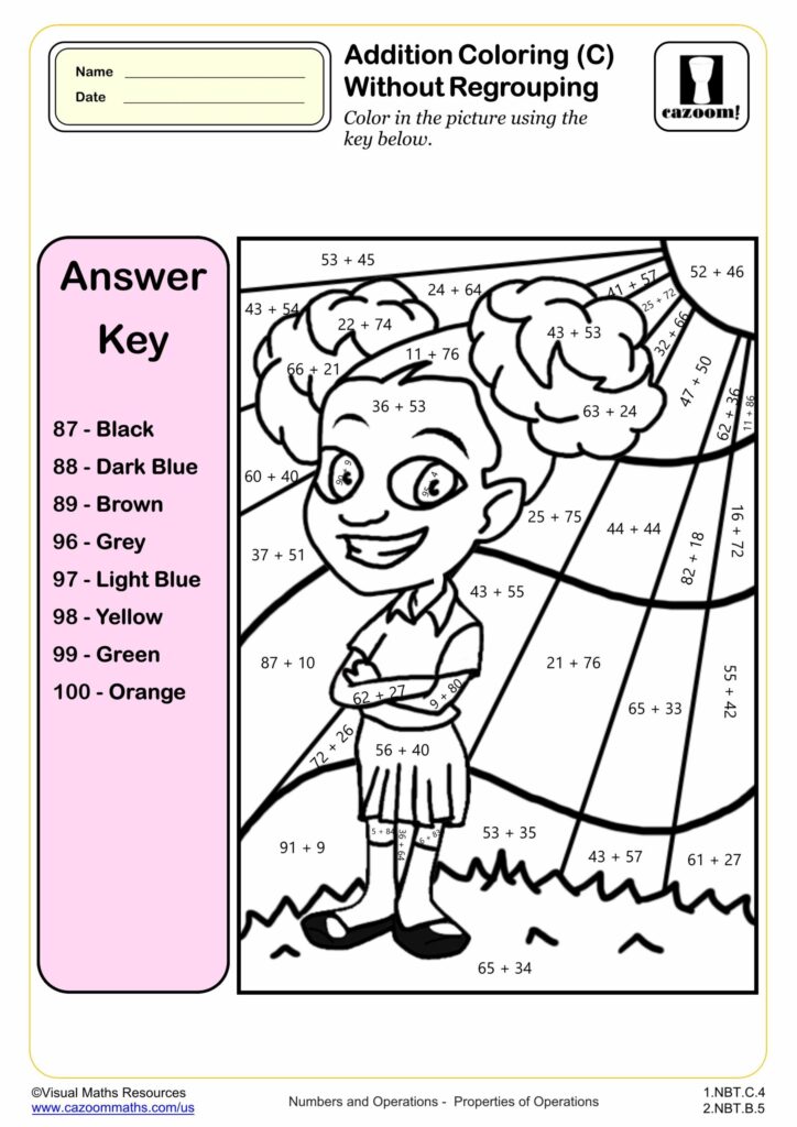 Printable addition coloring worksheet featuring a character with math problems to solve