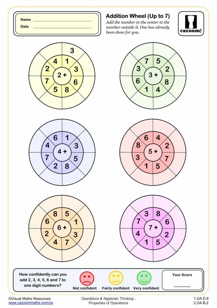 Addition Wheel Up to 7 Worksheet for 1st Graders Printable addition wheel worksheet for 1st graders with numbers up to 7