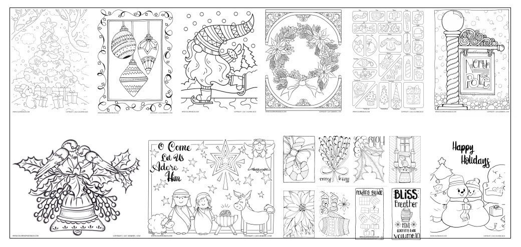 Detailed winter-themed adult Christmas coloring pages printable featuring festive designs