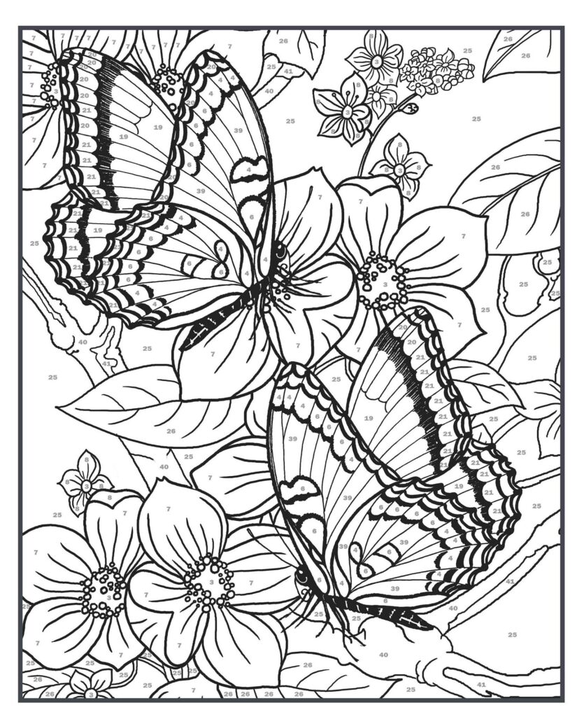 Adult Color By Number Coloring Pages featuring Butterflies Detailed Adult Color By Number Coloring Pages with butterflies and flowers for creative relaxation