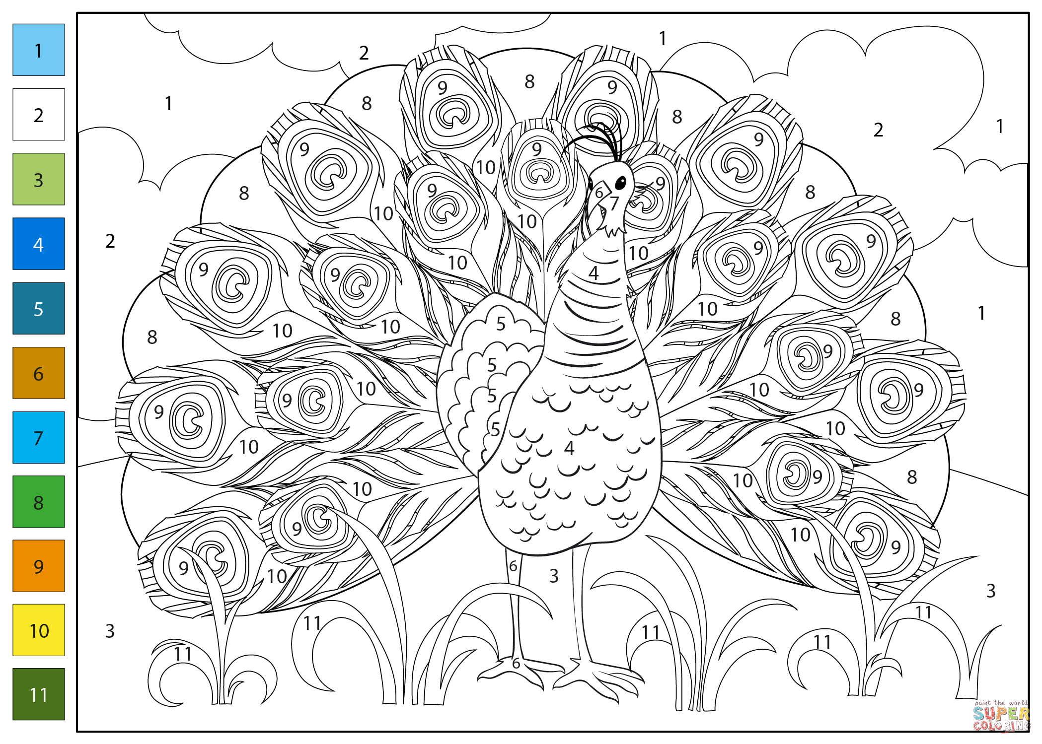 Adult Color By Number Printable featuring a detailed peacock design with numbered sections