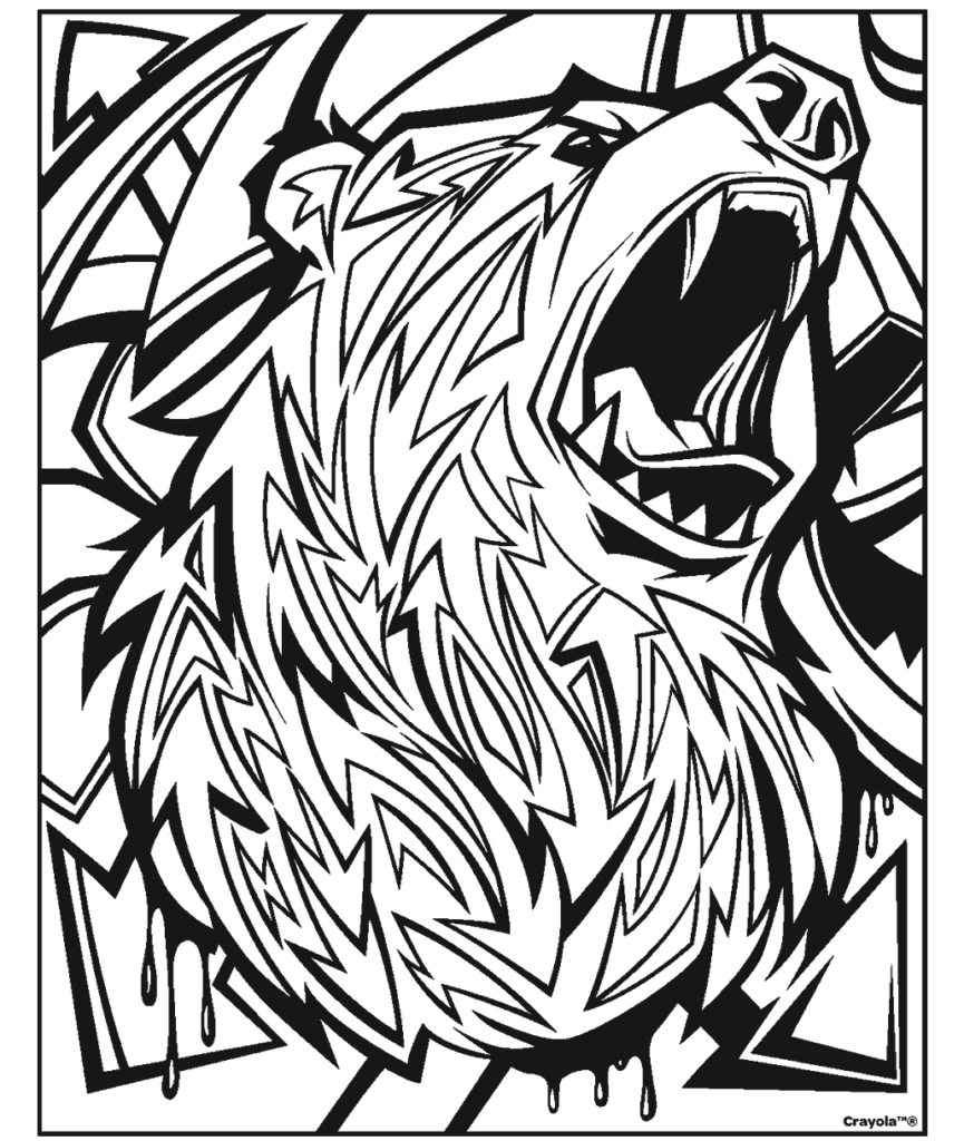 Adult coloring page of a fierce bear head design