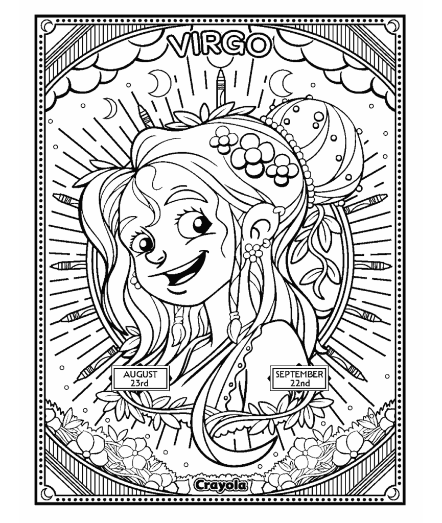 Fun Adult Coloring Page – Zodiac Theme Adult coloring page featuring a zodiac theme with a character illustration