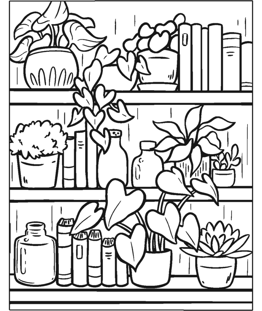Adult coloring page of shelves filled with plants and books