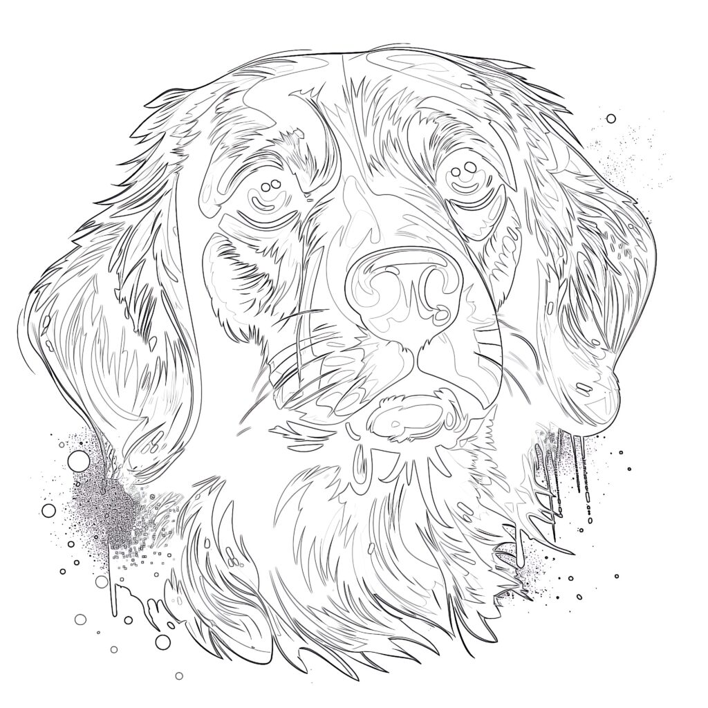 Detailed adult coloring page featuring a dog's face with artistic lines and textures