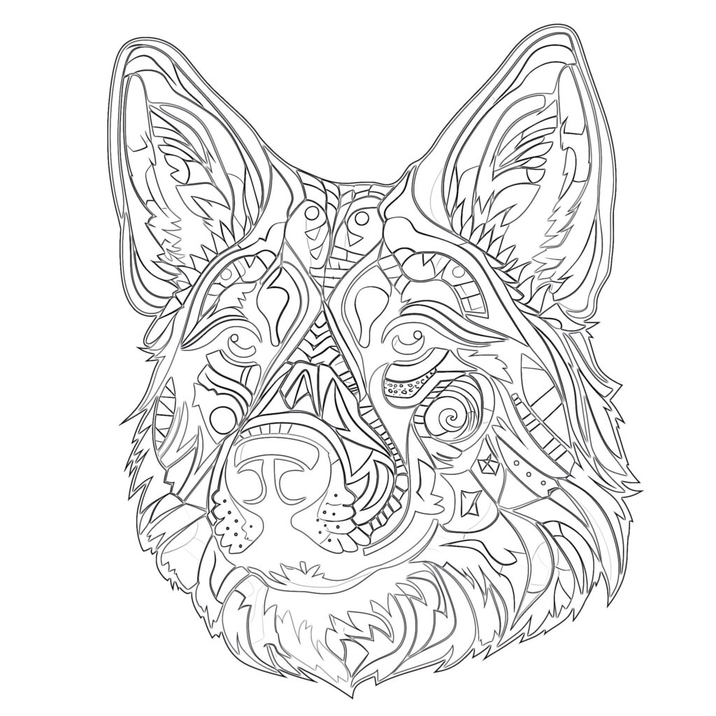 Stylized adult coloring page showcasing a dog's head with unique patterns and designs