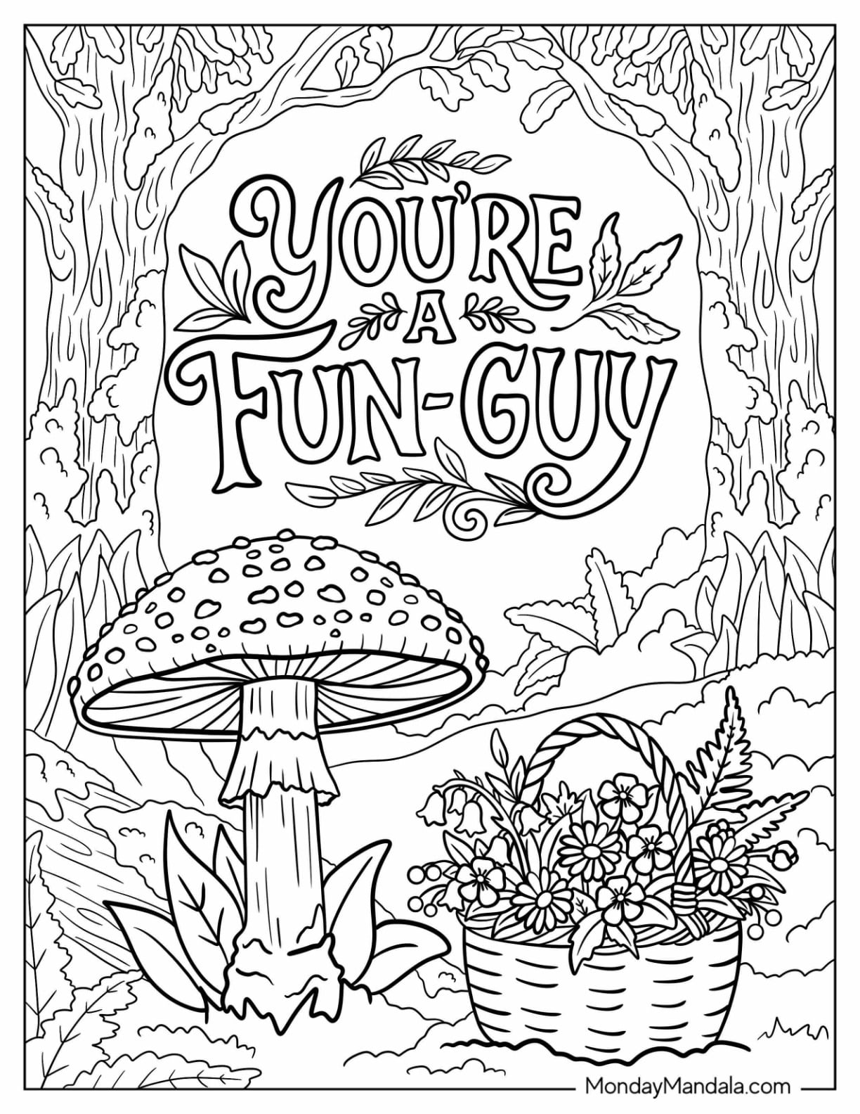 Adult Coloring Pages With Words - Free printable adult coloring page featuring the phrase 'You're a Fun-Guy' with a mushroom