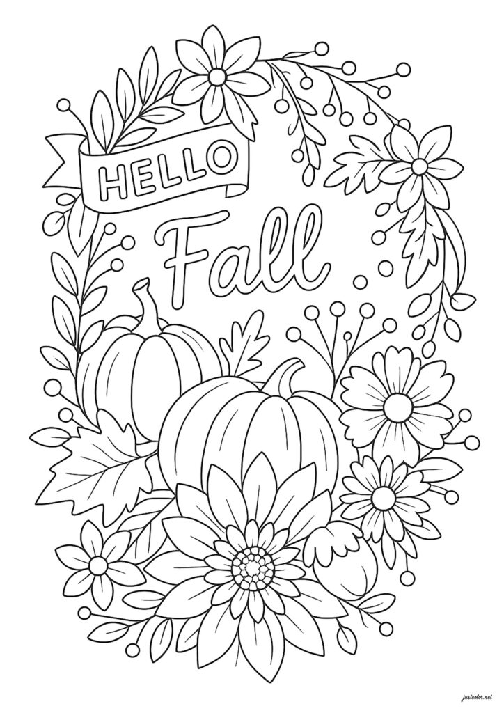 Adult Fall Coloring Pages Printable featuring pumpkins and flowers with a 'Hello Fall' banner