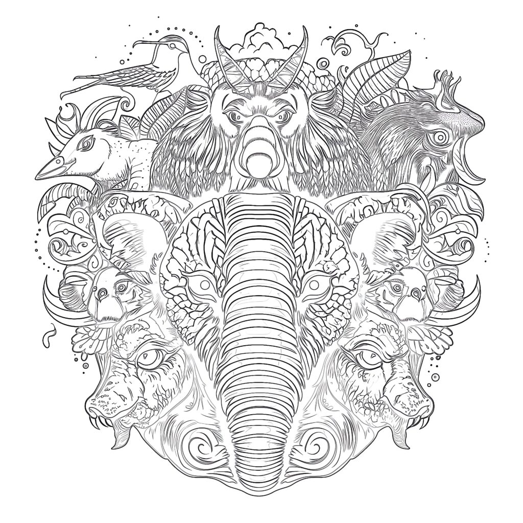 Intricate Adult Strange Animals Coloring Page Detailed coloring page of various strange animals including birds and elephants